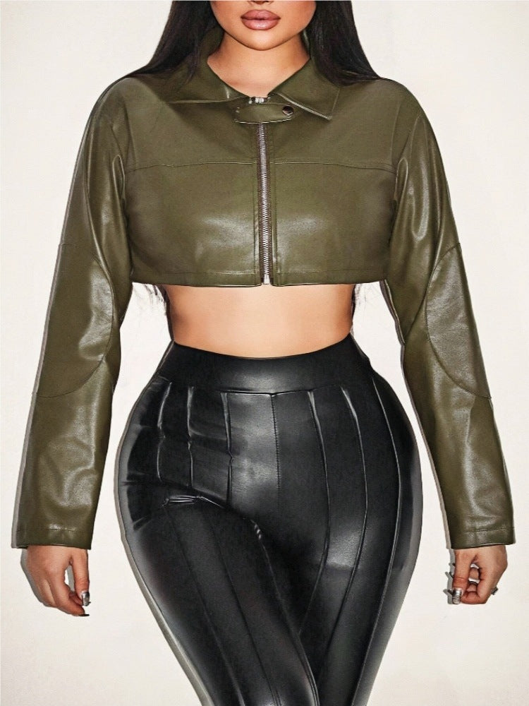 Damen cropped Kunstlederjacke mit innovativem Reißverschluss EB