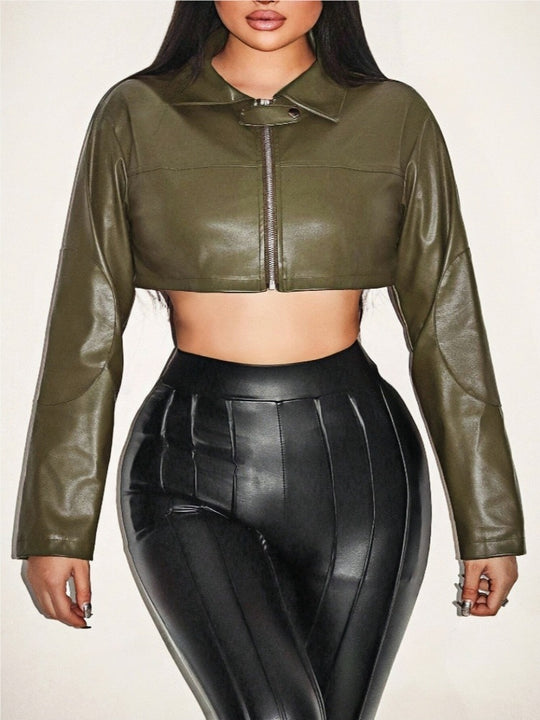 Damen cropped Kunstlederjacke mit innovativem Reißverschluss EB
