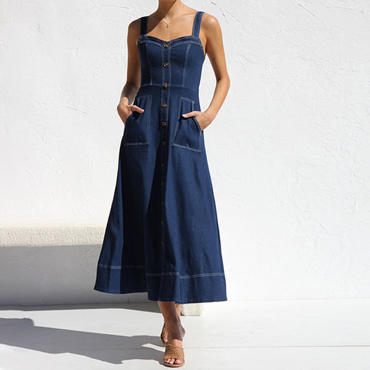 Damen langes Jeanskleid mit Knopfleiste und praktischen Taschen EB