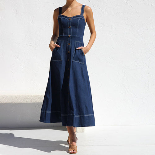 Damen langes Jeanskleid mit Knopfleiste und praktischen Taschen EB