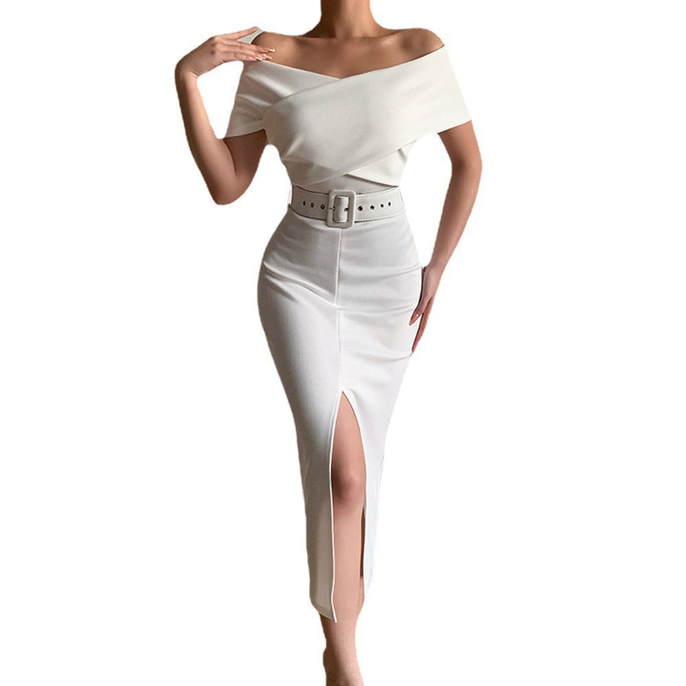 Damen Etuikleid mit schulterfreiem Design und hohem Beinschlitz EB