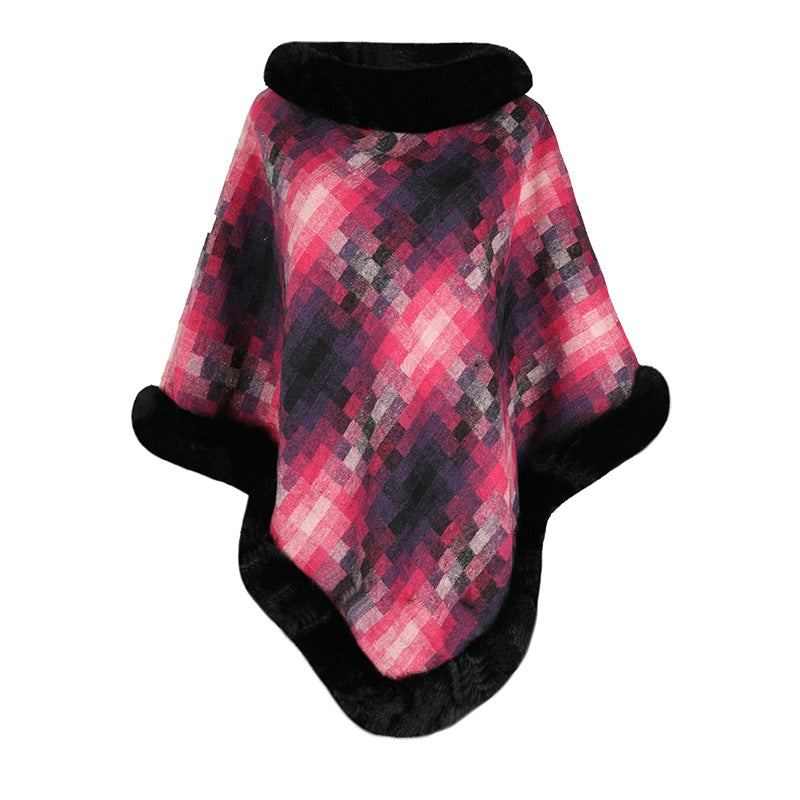 Damen modischer Poncho mit luxuriösem Kunstpelzkragen EB