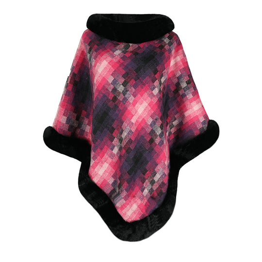 Damen modischer Poncho mit luxuriösem Kunstpelzkragen EB