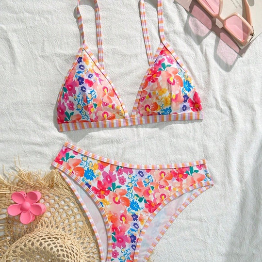Damen Triangel-Bikini-Set mit floralem Muster und verspieltem Design EB