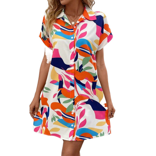 Damen Kurzarm Knopf-vorne Hemdkleid EB