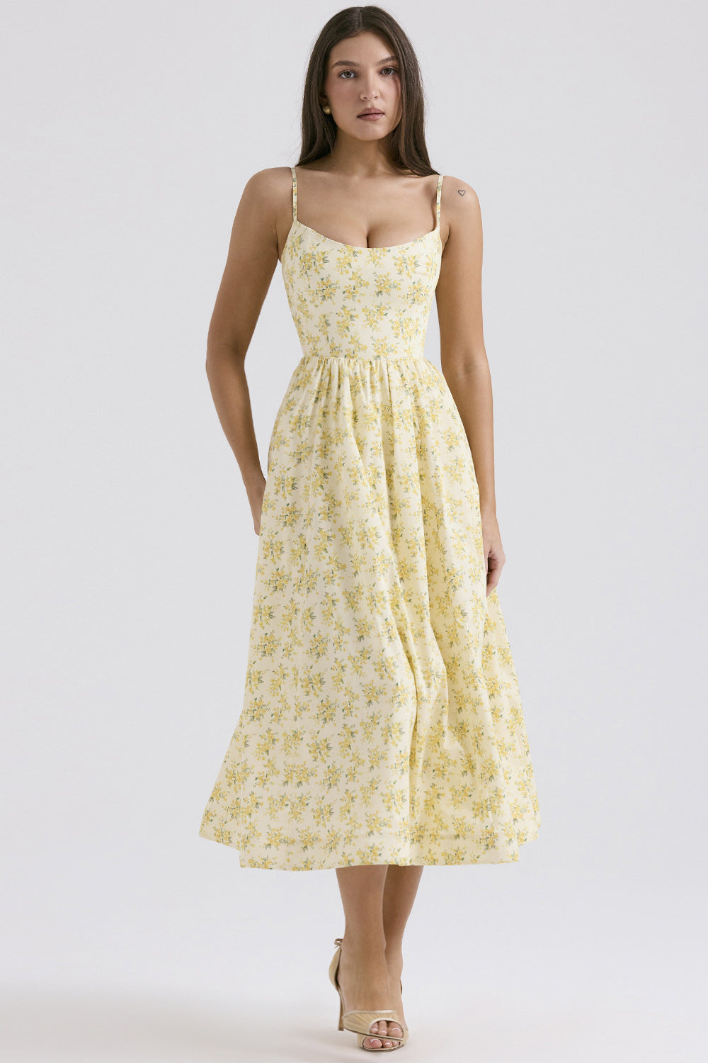 Damen Midi-Kleid mit elegantem Blumenmuster und zartem Taillenzug EB