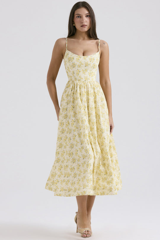 Damen Midi-Kleid mit elegantem Blumenmuster und zartem Taillenzug EB
