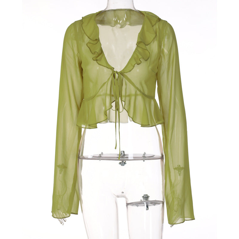 Damen Transparente Bluse mit Rüschen und Bindedetail EB