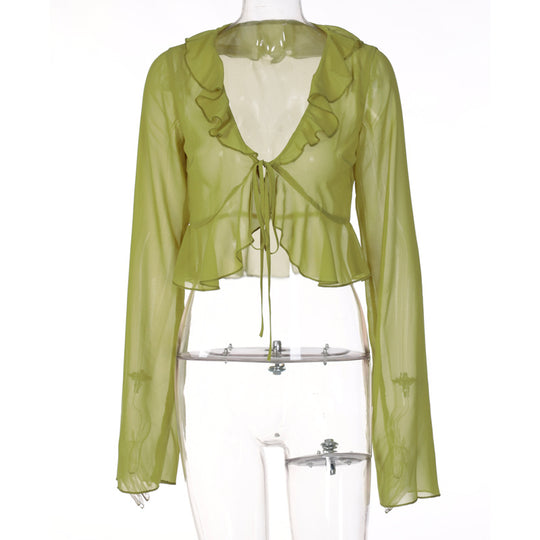 Damen Transparente Bluse mit Rüschen und Bindedetail EB