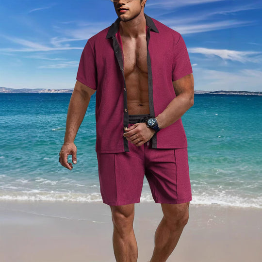 Herren nan modernes Freizeit-Set aus feinem Strukturjersey mit Hemdkragen-Knopfleiste und Kordel-Shorts EB