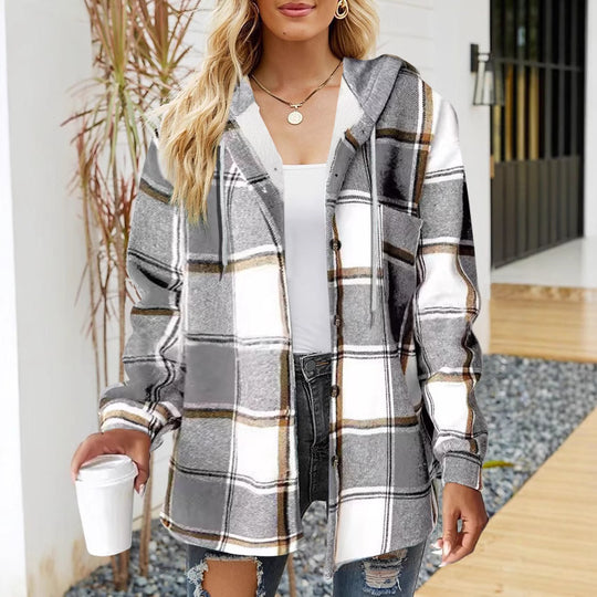 Damen lässige Overshirt-Jacke mit Kapuze und praktischem Kordelzug EB