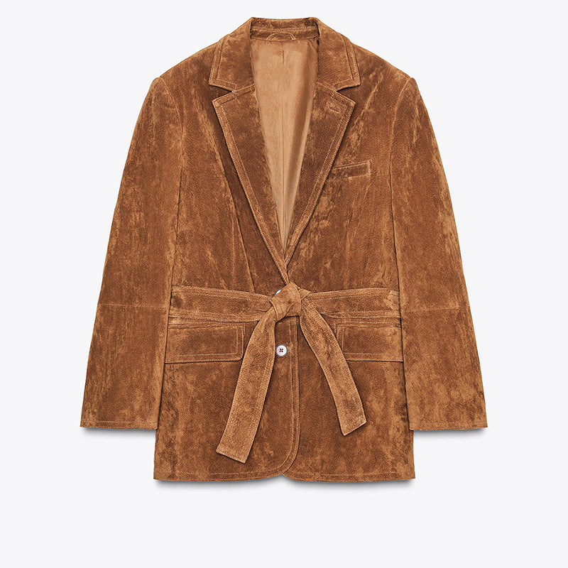 Damen Samt Blazerjacke mit Gürtel und eleganter Passform EB