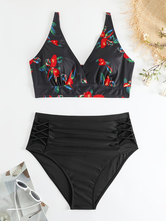 Damen Hochgeschnittener Bikini mit floralen Akzenten und raffinierten Details EB