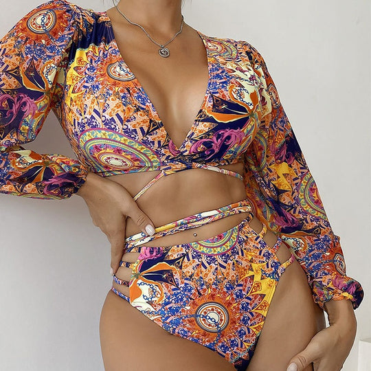 Damen Bikiniset mit langärmligem Oberteil und innovativem Wickeldesign EB