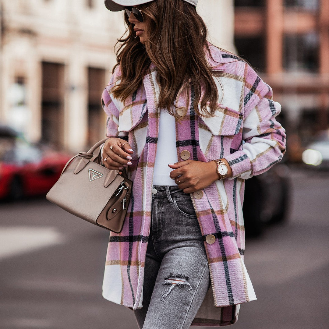 Damen Karierte Overshirt-Jacke mit praktischen Brusttaschen EB