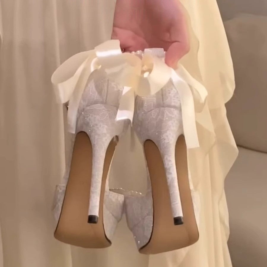 Damen elegante spitze Ballerinas mit Perlenschleifenverzierung EB