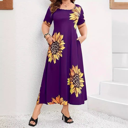 Damen Sommerliches Maxikleid mit floralem Sonnenblumenmuster und praktischen Taschen EB