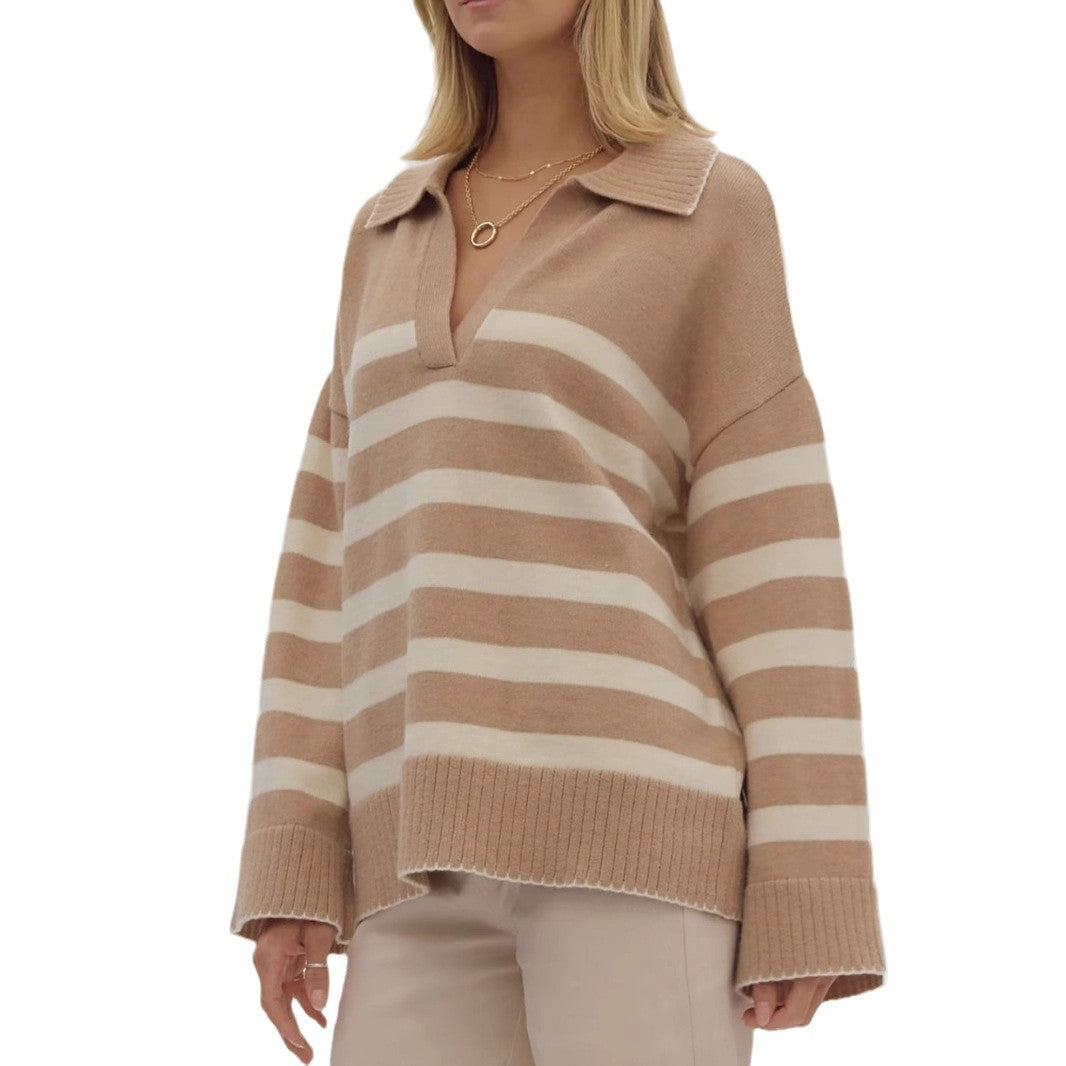 Damen kuschelige Strickpullover mit modernem Streifenmuster und V-Ausschnitt EB