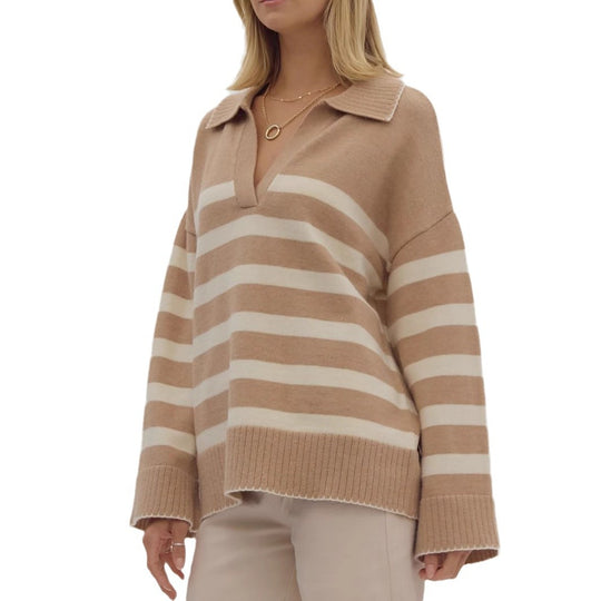 Damen kuschelige Strickpullover mit modernem Streifenmuster und V-Ausschnitt EB