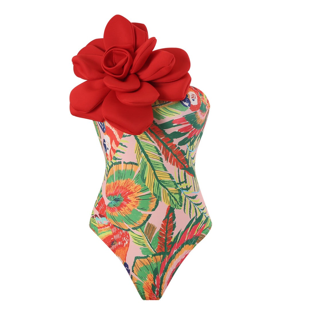 Damen Eleganter Badeanzug mit großem Blumen-Detail und transparentem Überrock EB