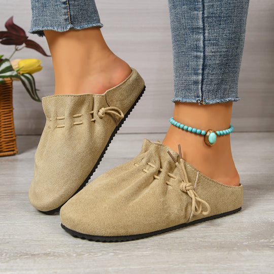 Damen nan gefütterte Velours-Pantolette mit Teddy-Innensohle, weicher Innensohle und dekorativer Schnürung EB