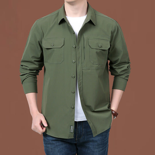Herren nan modernes Travel-Langarmhemd mit Stretch-Material, verdeckter Knopfleiste und doppelfachen Klappbrusttaschen EB