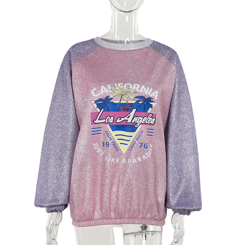 Damen Glitzerndes Oversize-Sweatshirt mit Raglanärmeln und Retro-Los-Angeles-Print EB