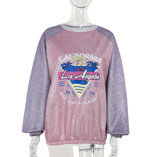 Damen Glitzerndes Oversize-Sweatshirt mit Raglanärmeln und Retro-Los-Angeles-Print EB