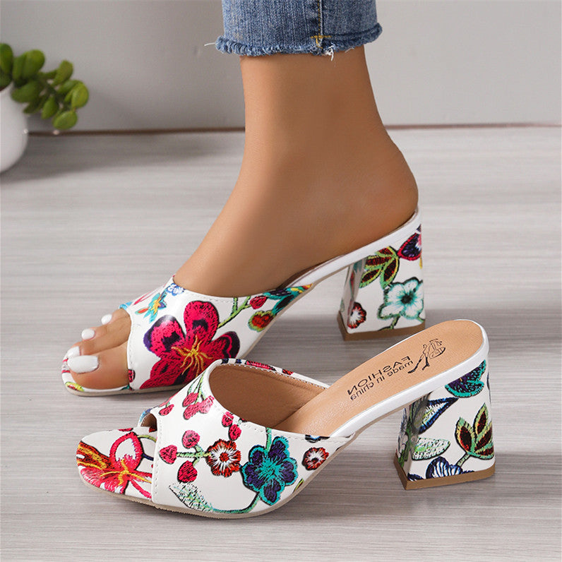 Damen Offene Mules mit floralem Muster und komfortablem Blockabsatz EB