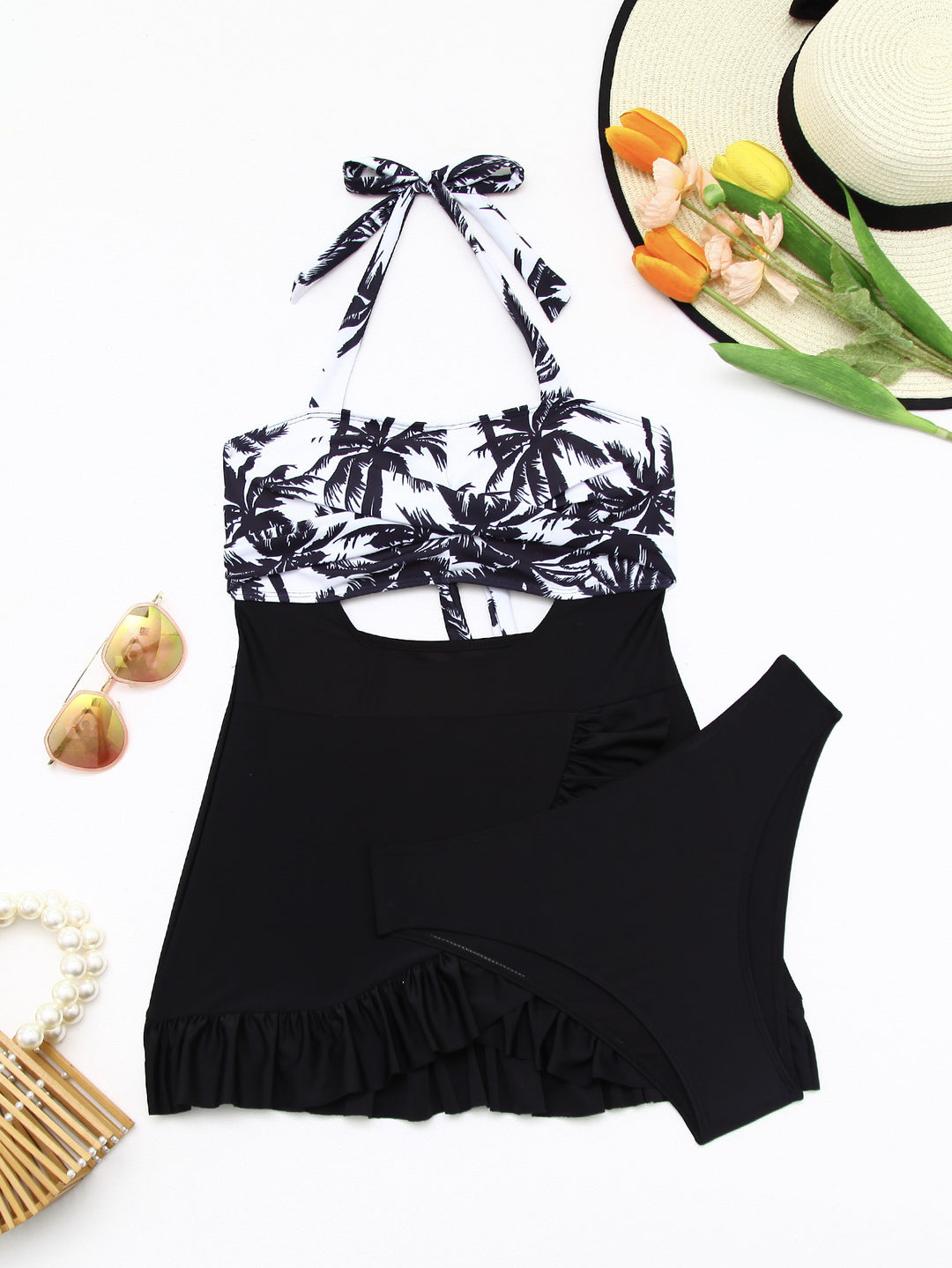Damen Tankini-Set mit elegantem Wellenmuster und fröhlichem Rüschensaum EB