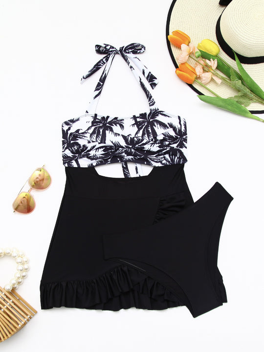 Damen Tankini-Set mit elegantem Wellenmuster und fröhlichem Rüschensaum EB