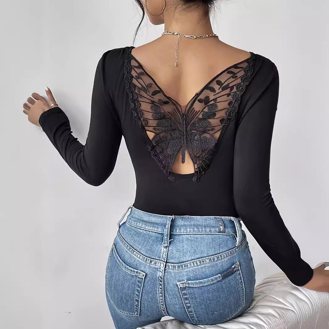 Damen nan eng anliegendes Langarmtop mit tiefer Rückenöffnung und besticktem Schmetterlings-Spitzeneinsatz EB