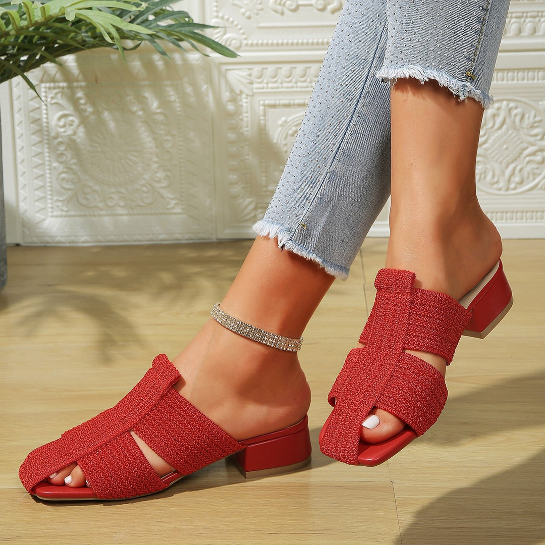 Damen offene Mules mit Blockabsatz und verzierten Riemen EB