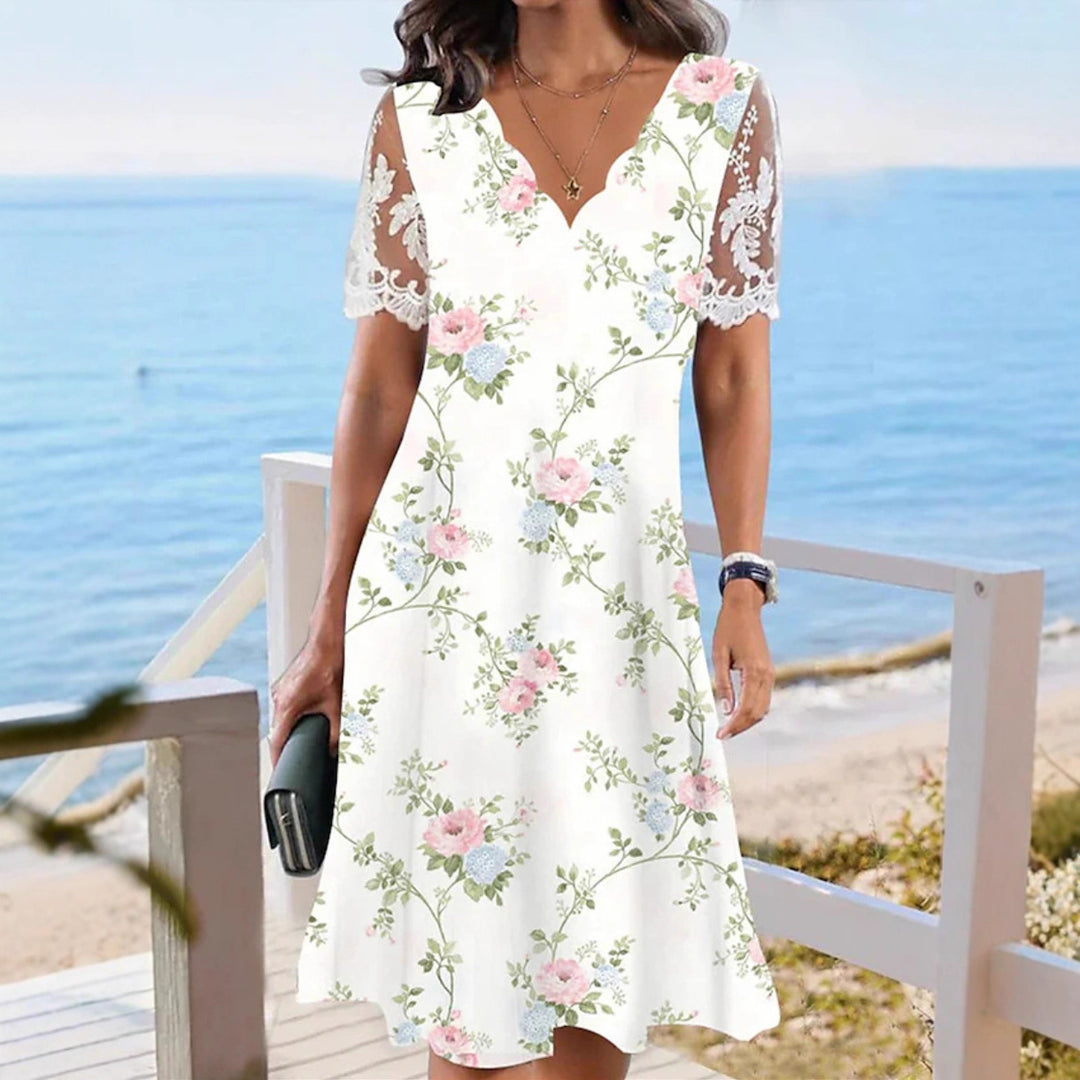 Damen nan A-Linien-Midikleid mit wellenförmigem V-Ausschnitt, ganzflächigem Blumenmuster und transparenten Spitzenärmeln EB