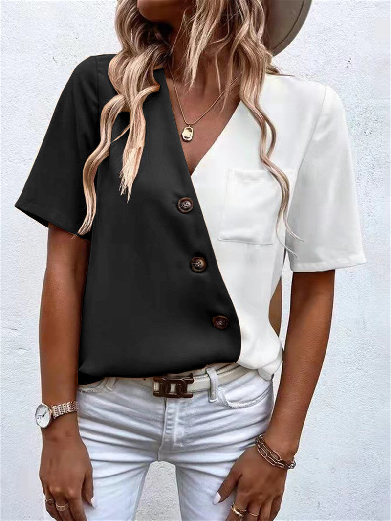 Damen Kurzarm Bluse mit asymmetrischem Schnitt und Knopfdetails EB