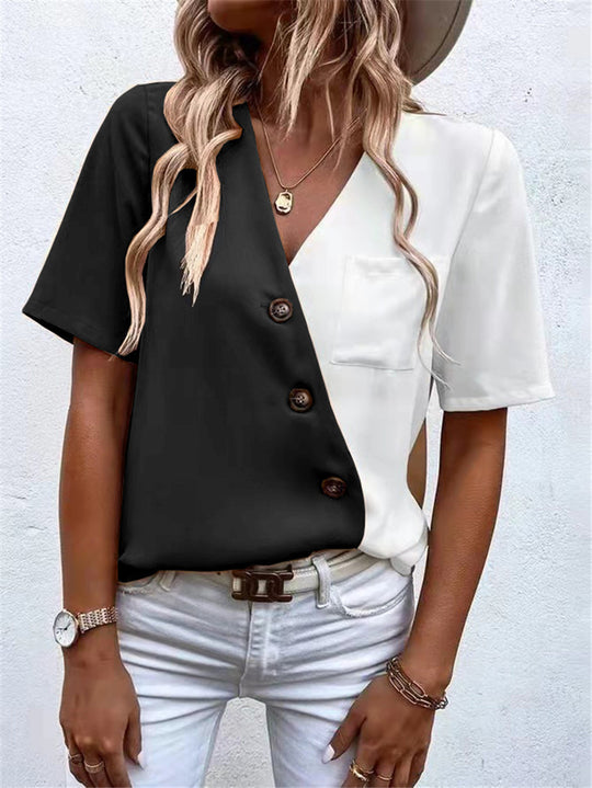Damen Kurzarm Bluse mit asymmetrischem Schnitt und Knopfdetails EB