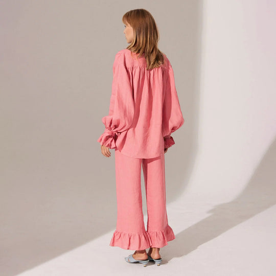 Damen Lässiges Leinen-Ensemble mit Rüschendetails EB