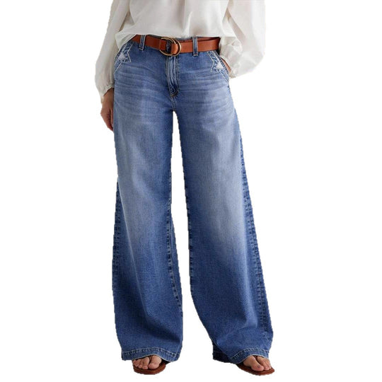 Damen Weit geschnittene Denim-Hose mit hoher Taille und eleganten Taschen EB