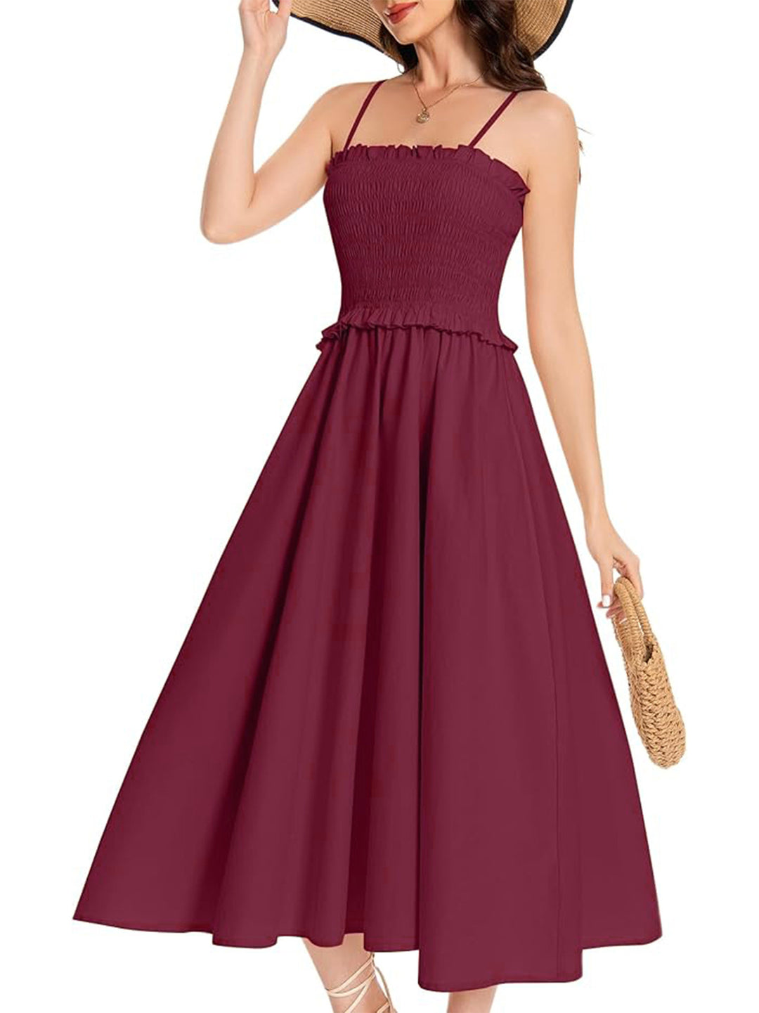 Damen Midi-Kleid mit elastischem Oberteil und weiten Rock EB
