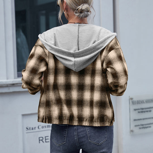 Damen lässige Baumwolljacke mit Karomuster und Kapuze EB