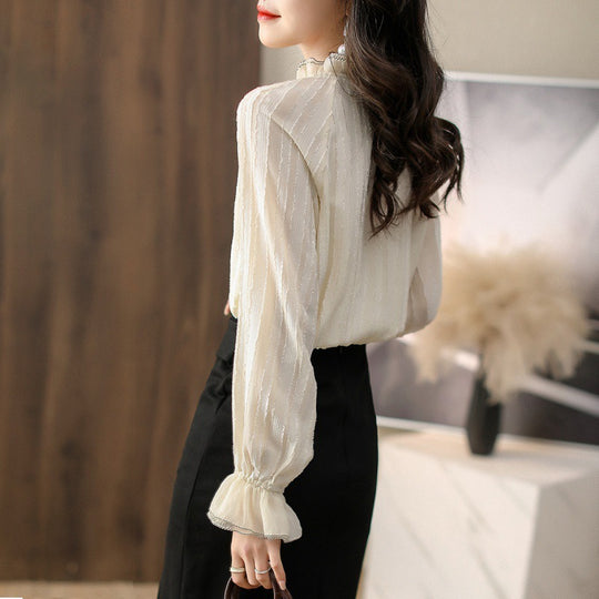 Damen Rüsch-Hochkragenbluse mit transparenten Ärmeldetails EB