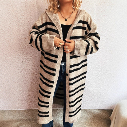 Damen gemütlicher Strickcardigan mit modischem Streifenmuster und Kapuze EB