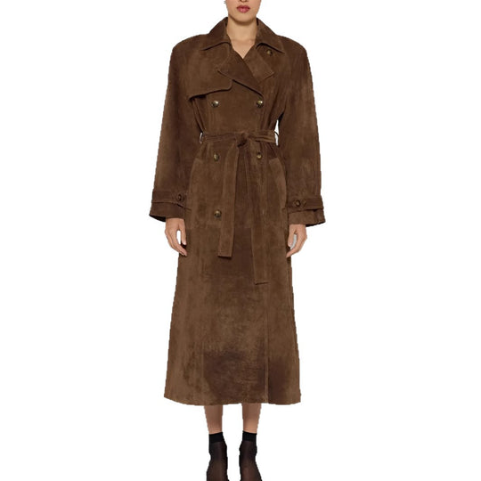 Damen eleganter und taillierter Wildleder-Trenchcoat mit Gürtel EB