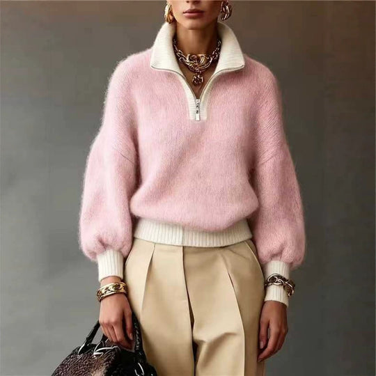 Damen Flauschiger Pullover mit halbem Reißverschluss, Stehkragen und Ballonärmeln EB