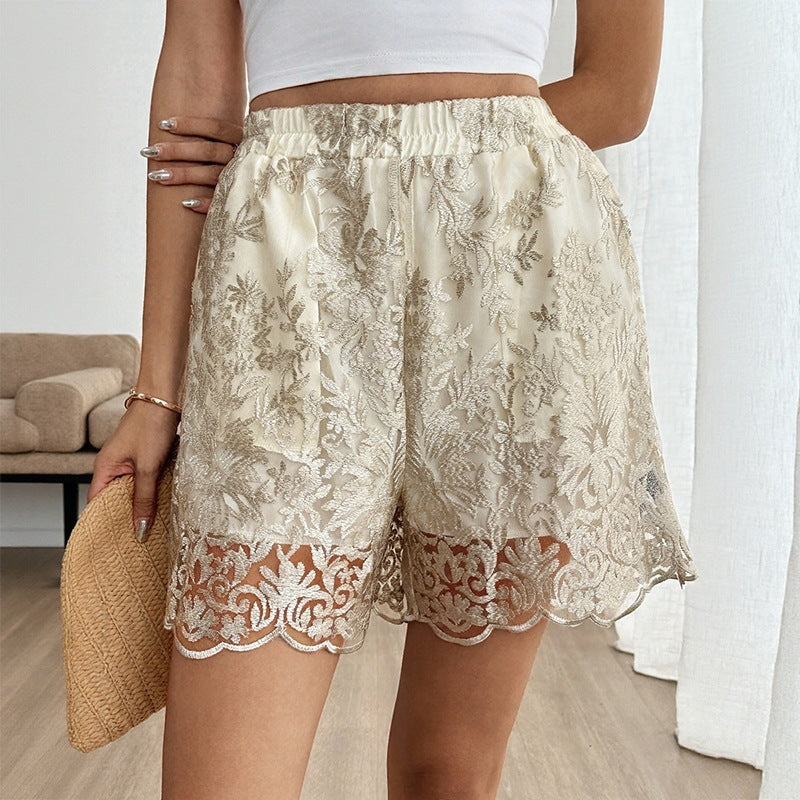 Damen Elegante Satin-Shorts mit Spitzenstickerei und elastischem Bund EB