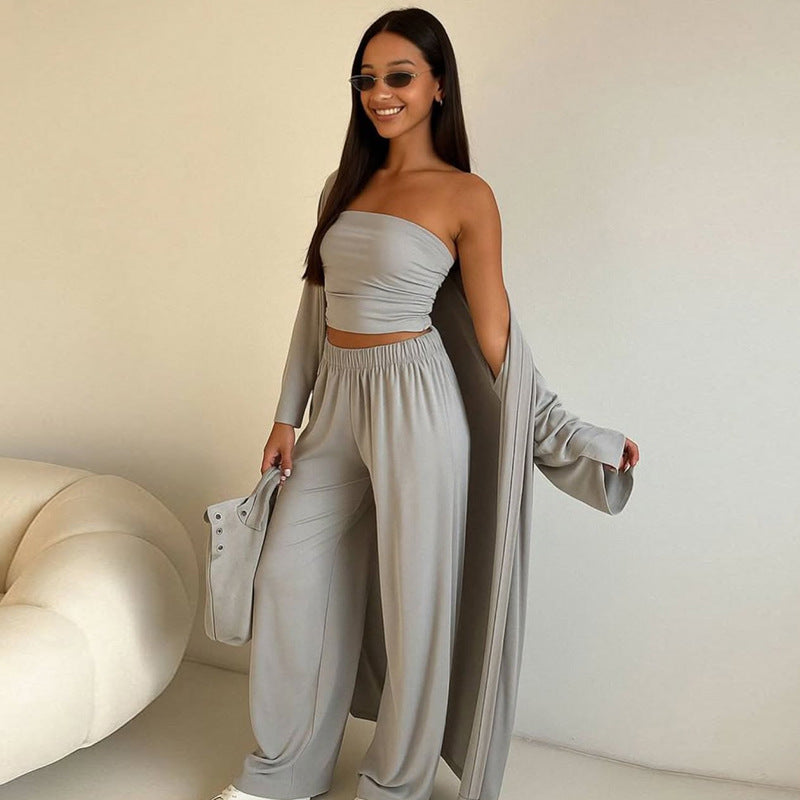Damen elegantes 3-teiliges Set mit weitem Hosen und tailliertem Oberteil EB