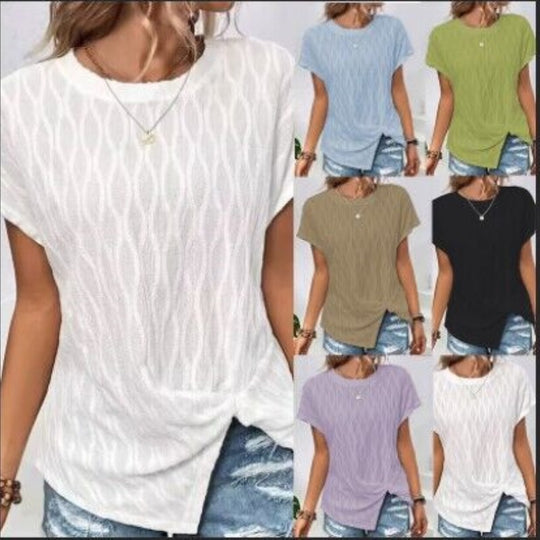 Damen Kurzarm T-Shirt mit strukturiertem Wellenmuster und hochwertiger Baumwolle EB