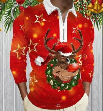 Herren Weihnachtliches Langarmshirt mit festlichem Grafikdesign und praktischem Reißverschluss EB