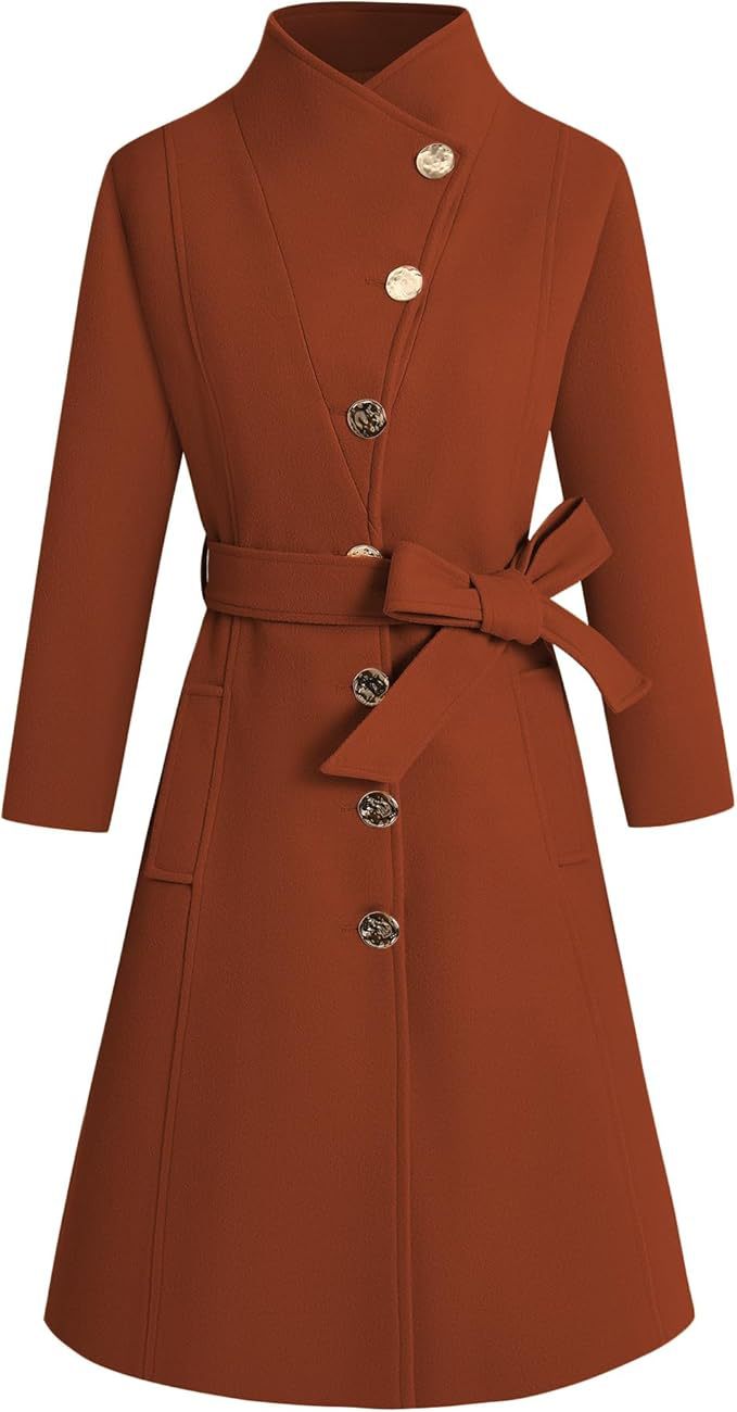 Damen eleganter Wrap-Mantel mit ausgefallenem Kragen und Gürtel EB