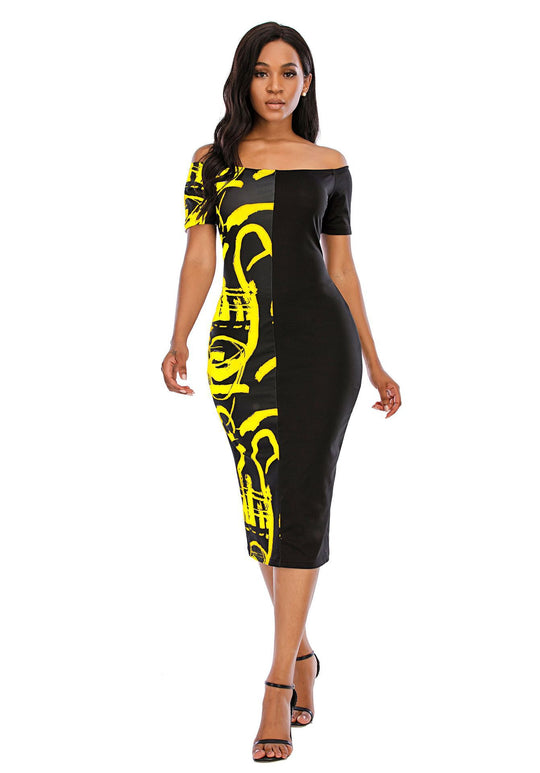 Damen Elegantes Off-Shoulder-Midikleid mit grafischem Druck und taillierter Silhouette EB